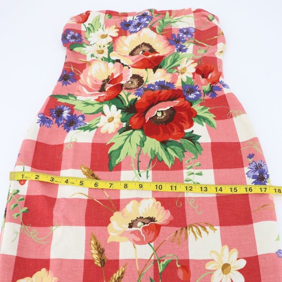 SOLD - Vintage Mica Red Gingham Floral Strapless Mini Dress Cotton/Linen/Silk - Picture 12 of 15